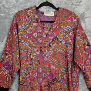 Vintage Oscar De La Renta Dress Womens L Rainbow Paisley Hippie Retro Statement